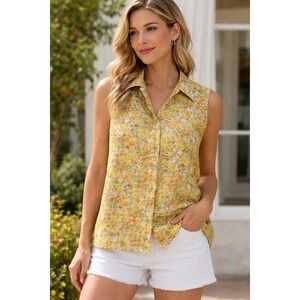 Vintage Kmart Floral Sleeveless Button Down Blouse Orange Yellow Green 70s Style